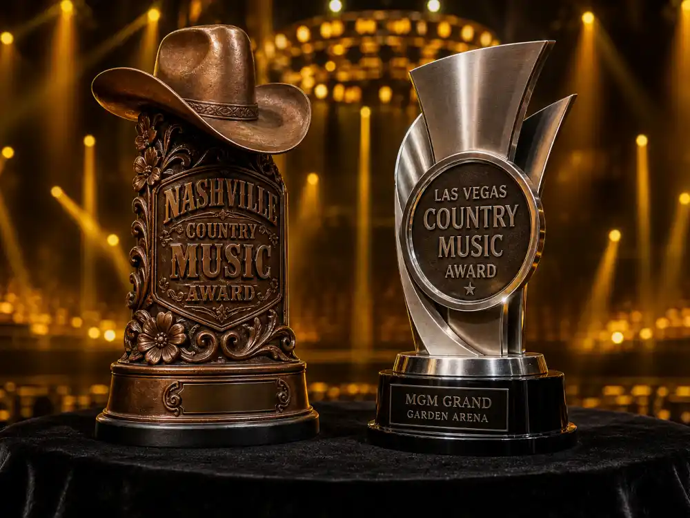 Two distinct country music trophies for CMA vs ACM Awards difference — Nashville CMA prestige versus Las Vegas ACM crystal award