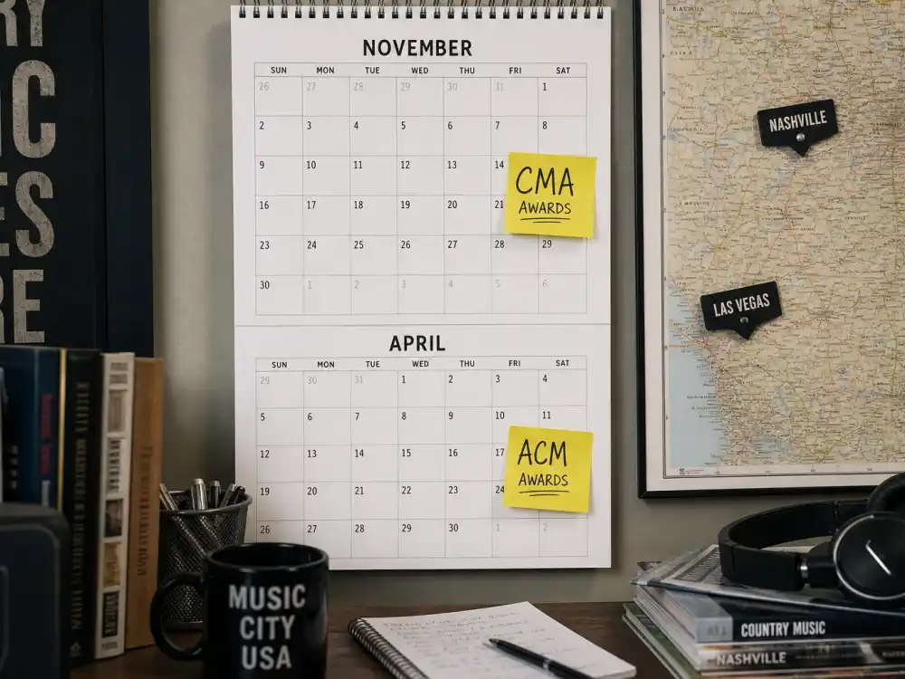 Awards season calendar for CMA vs ACM Awards difference — November CMA and spring ACM ceremony months marked on wall planner
