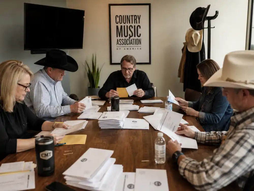Country music industry ballot review for CMA vs ACM Awards difference — peer voting envelopes at a Nashville conference table