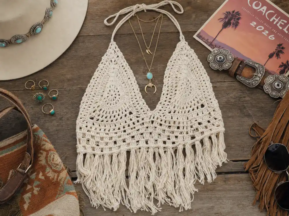 Cream crochet fringe crop top and layered gold jewelry flat lay defining coachella celebrity outfits 2026 boho texture foundation