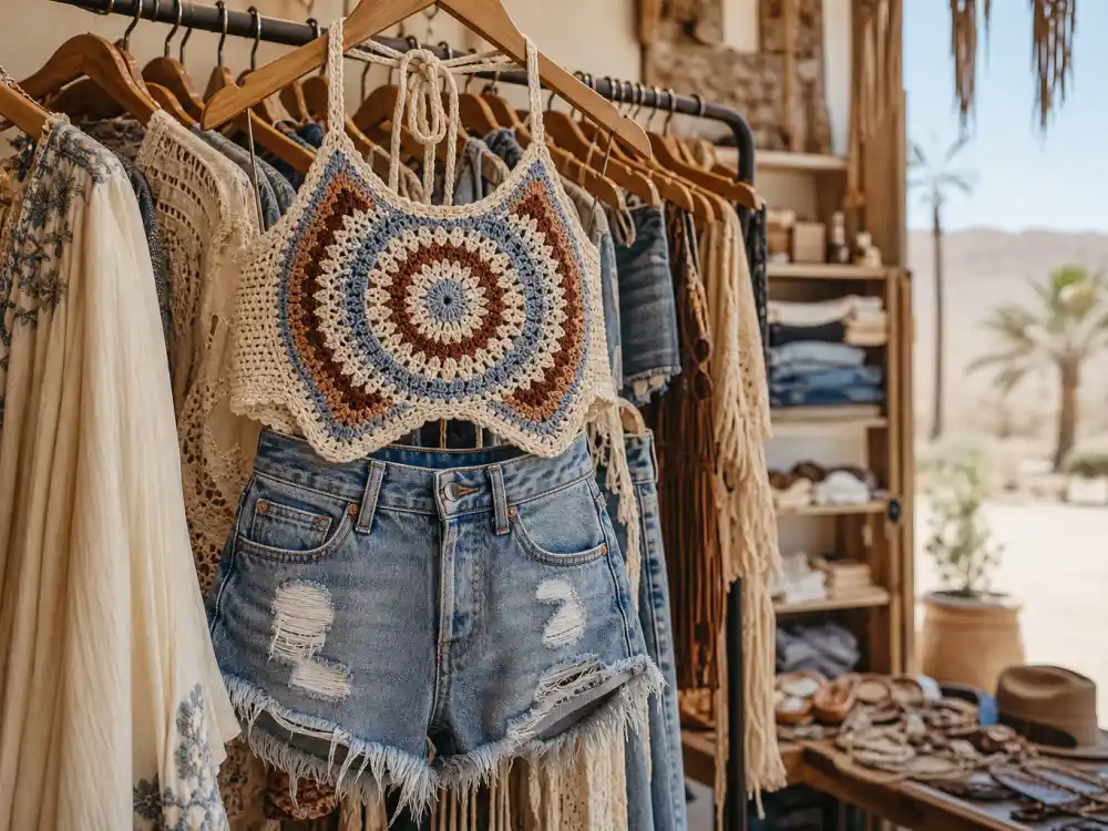 Distressed high-waisted denim shorts and crochet halter on boutique rack illustrating coachella celebrity outfits 2026 denim silhouette codes