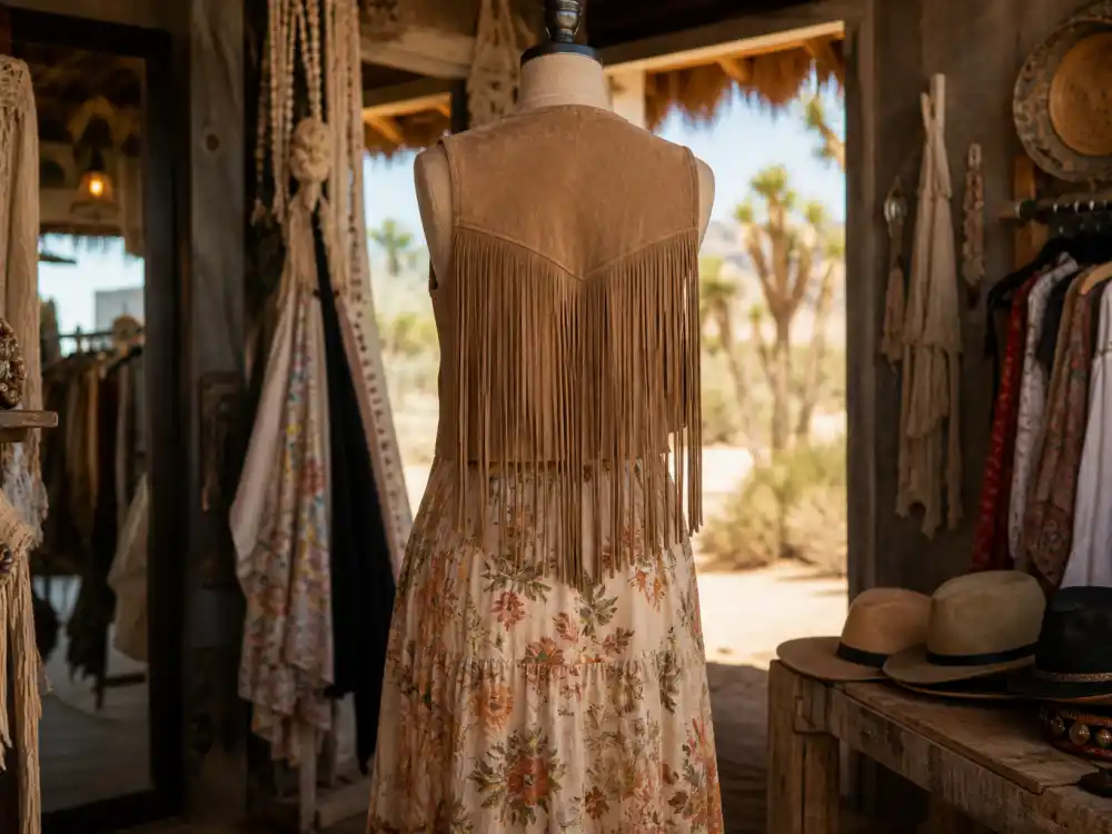 Suede fringe vest and floral maxi skirt on dress form from behind showing coachella celebrity outfits 2026 flowing desert silhouette rotation