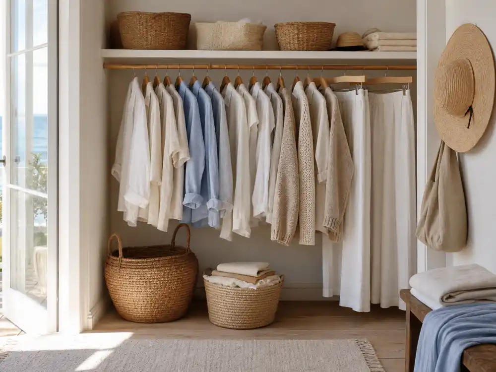 Open coastal grandmother celebrity style closet with linen shirts cream cardigans wide-leg pants on wooden hangers and woven baskets on shelves