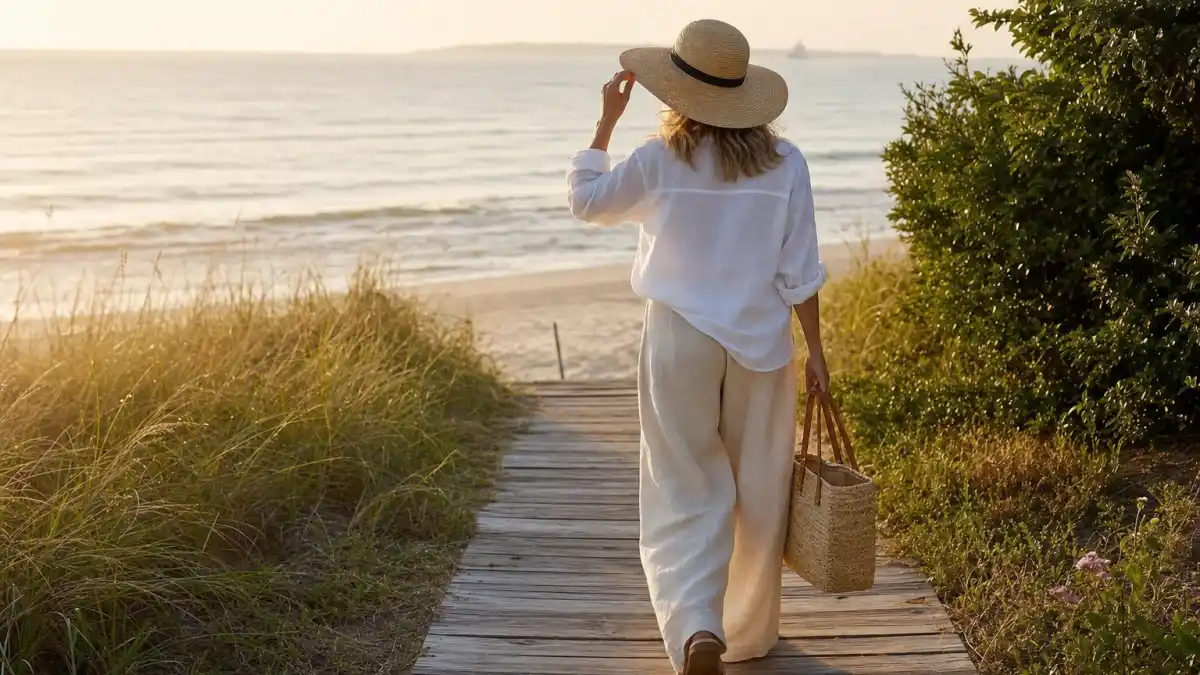 Coastal grandmother celebrity style — anonymous woman from behind in cream linen shirt and wide-leg trousers with straw hat walking ocean boardwalk at golden hour