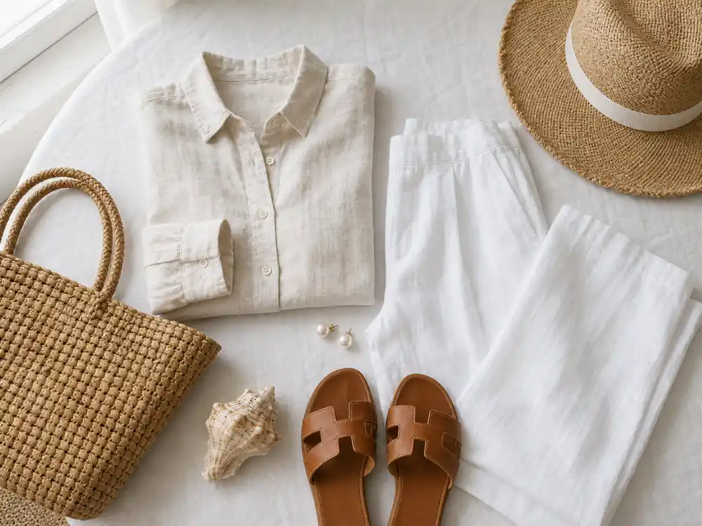 Coastal grandmother celebrity style linen flat lay with cream shirt white trousers straw hat rattan tote and leather sandals on beach house tablecloth