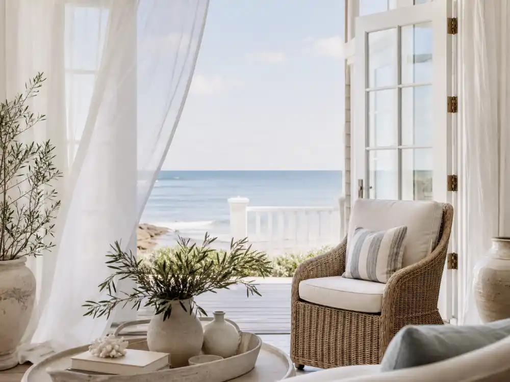 Coastal grandmother celebrity style beach house porch with billowing white linen curtains wicker furniture and ocean view through French doors