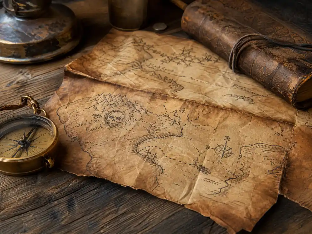A vintage treasure map and compass evoking Corey Feldman in The Goonies adventure film era