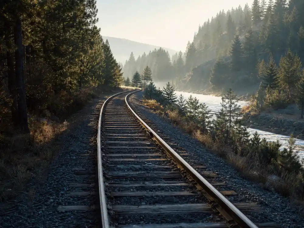 Railroad tracks through pine forest evoking Corey Feldman in Stand By Me coming-of-age classic