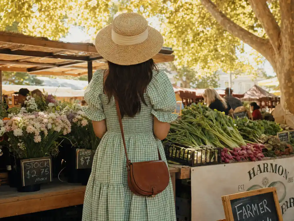 Anonymous figure from behind at farmers market in sage gingham dress straw hat and brown leather bag for cottagecore celebrity fashion looks pastoral street style