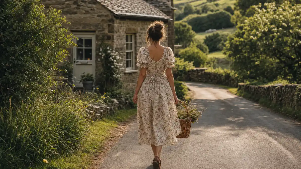 Cottagecore celebrity fashion looks — anonymous woman from behind in cream puff-sleeve floral midi dress with wicker basket on sunlit country lane beside stone cottage