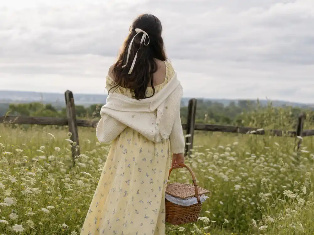 Anonymous woman from behind in butter yellow linen floral dress and cream cardigan holding wicker picnic basket in wildflower meadow for cottagecore celebrity fashion looks