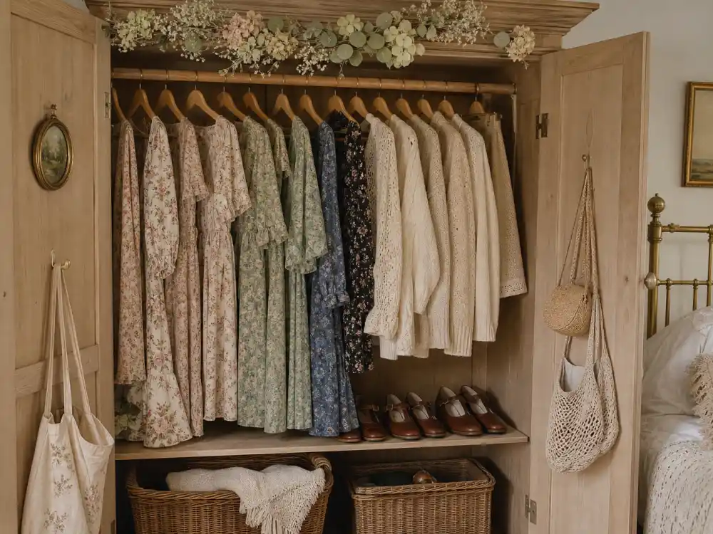 Open wooden wardrobe with floral midi dresses cream cardigans Mary Jane shoes and woven baskets mapping cottagecore celebrity fashion looks capsule essentials