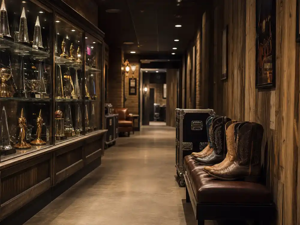 Backstage country awards corridor with trophy displays reflects the climb among country artists with the most Grammys over decades
