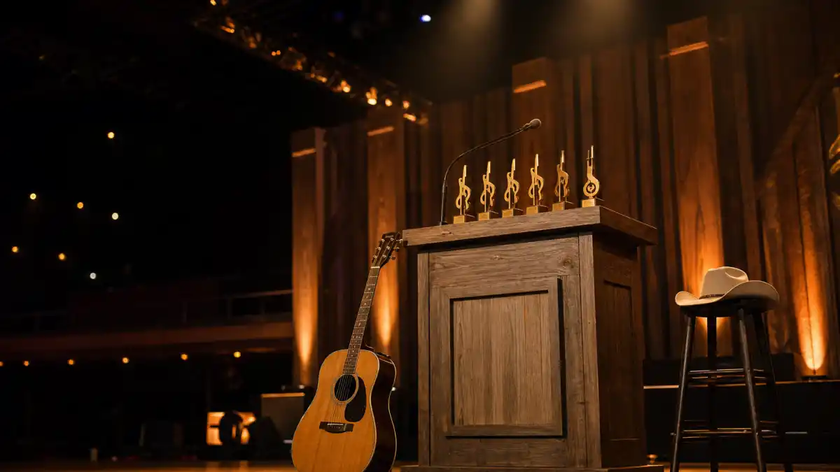 Country artists with the most Grammys — empty rustic awards stage with acoustic guitar, cowboy hat, and generic golden music trophies under warm amber spotlight