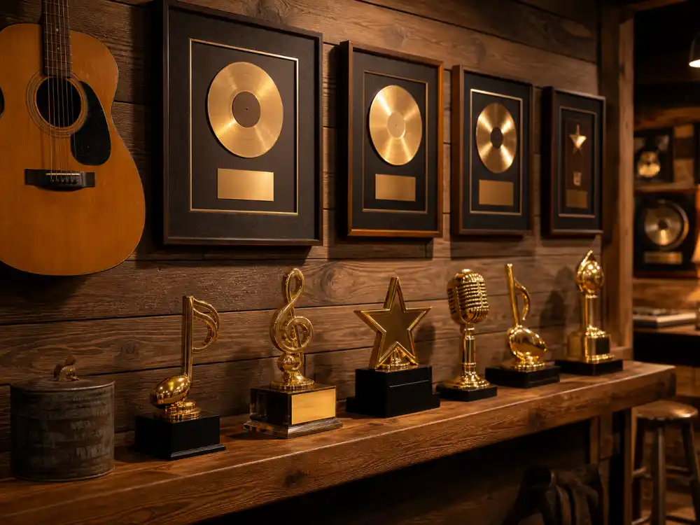 Rustic country music hall trophy shelf illustrates the country artists with the most Grammys leaderboard across Nashville history
