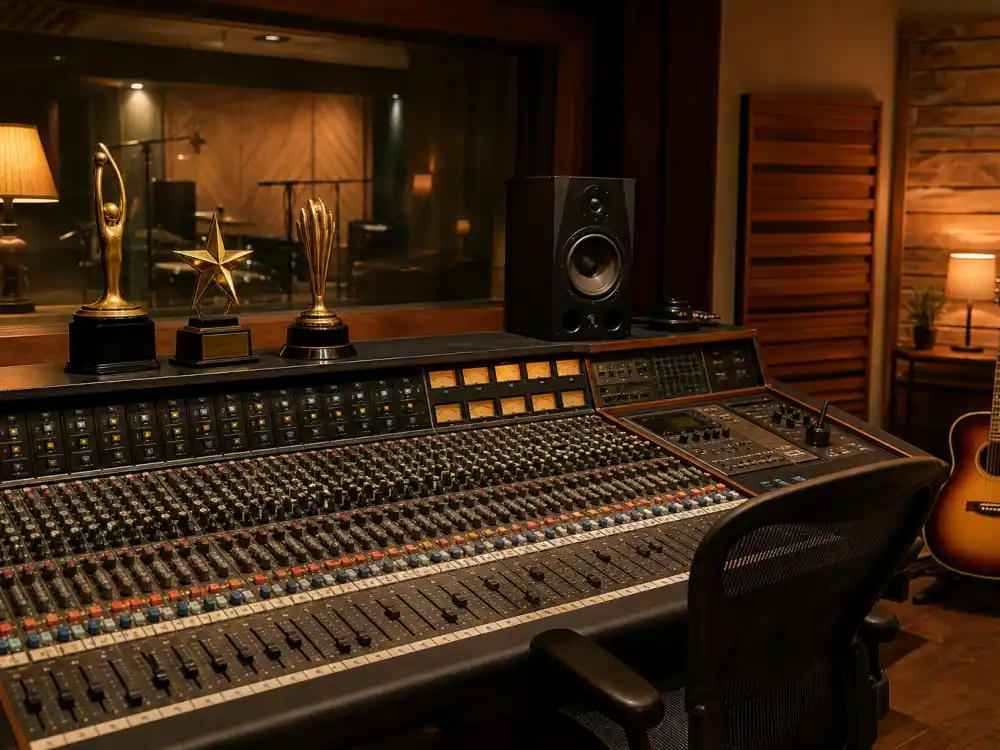 Nashville recording studio mixing console with golden trophies tracks Grammy wins for country artists with the most Grammys