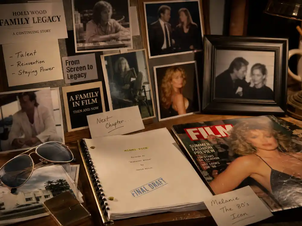 Don Johnson Melanie Griffith Hollywood family legacy mood board for Dakota Johnson celebrity kid acting career lineage editorial without identifiable faces