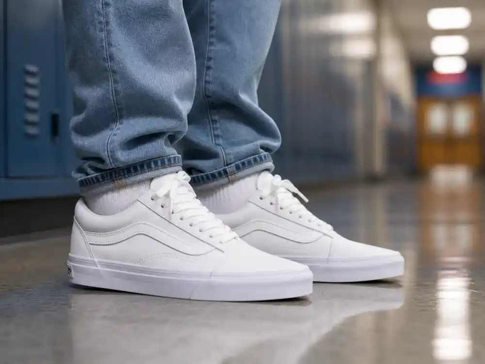 Crisp white Vans Old Skool sneakers at the center of what happened to Damn Daniel meme fame