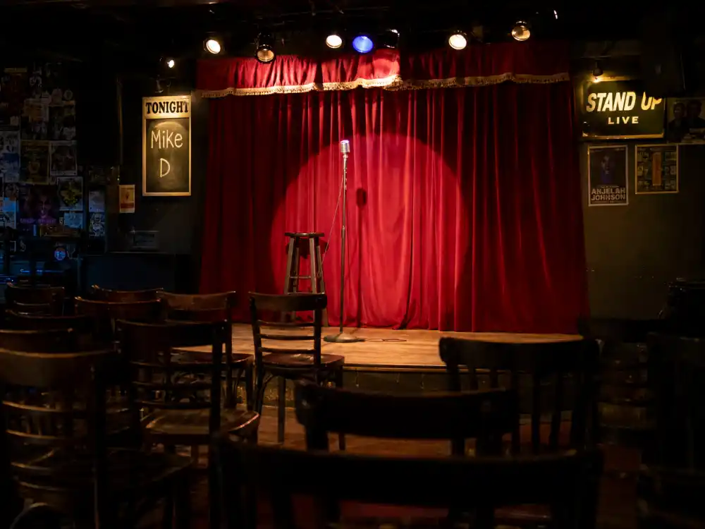 Small comedy club interior for what happened to Dane Cook stand-up rise through the 1990s club circuit
