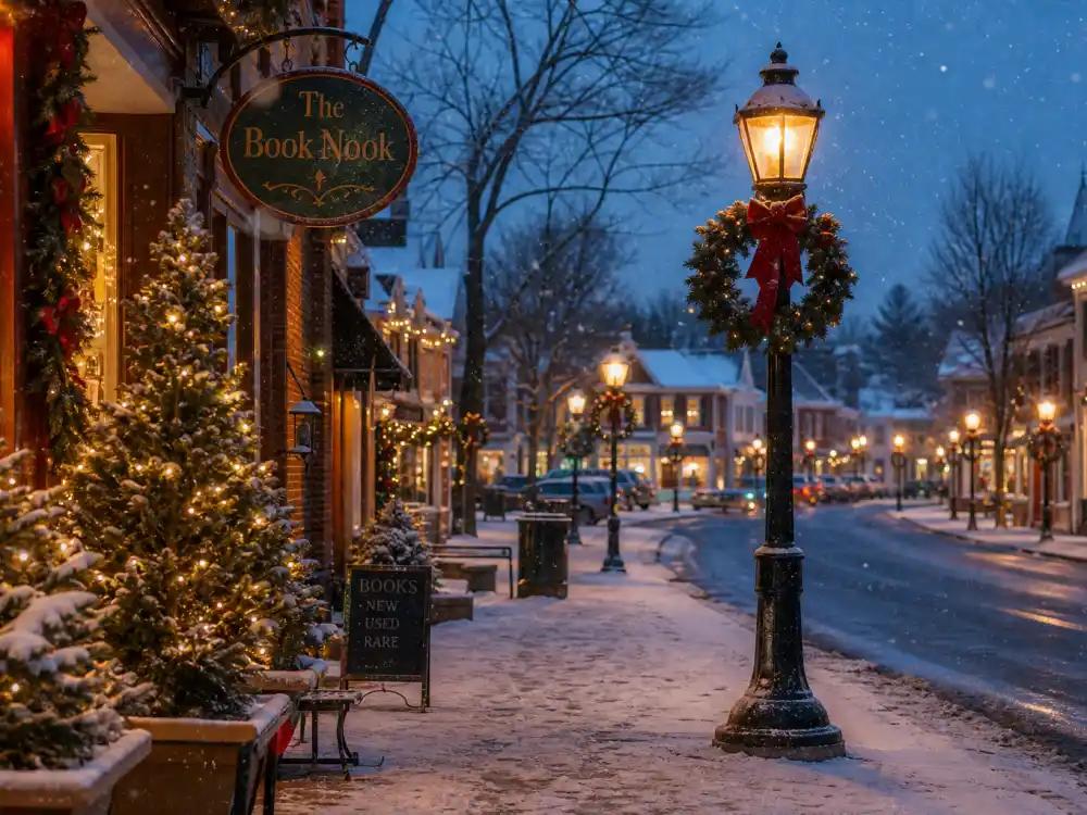 Cozy snow-dusted small-town main street for Danica McKellar Hallmark Christmas movie career