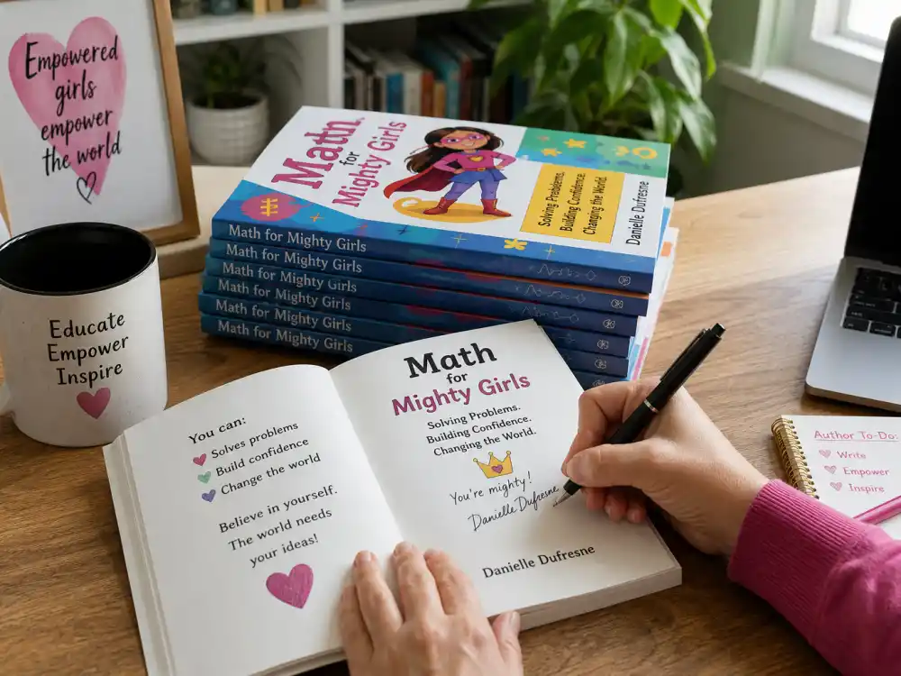 Home author desk with math books for where Danica McKellar is now as education advocate