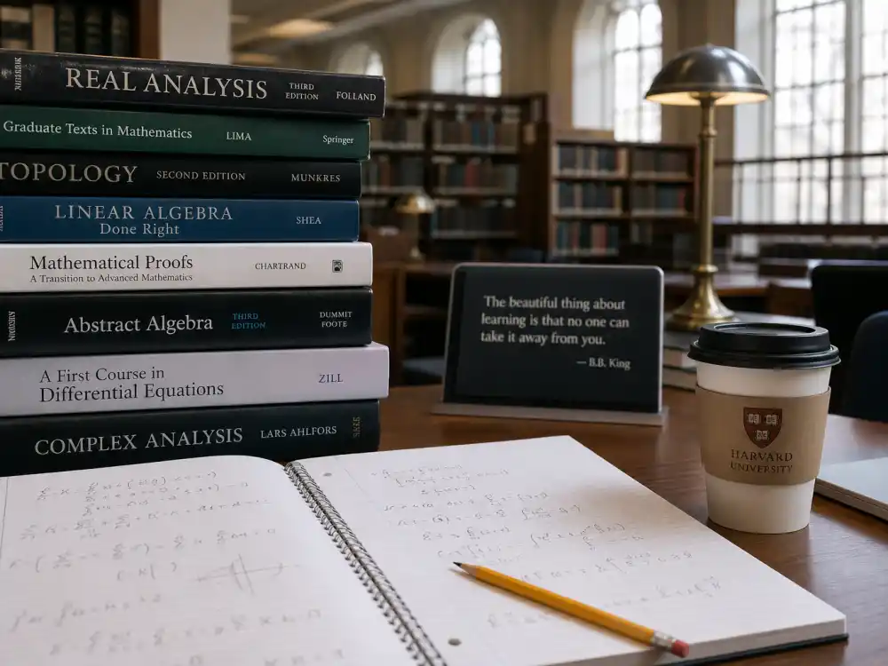 University study desk with math textbooks for Danica McKellar UCLA degree and bestselling author career