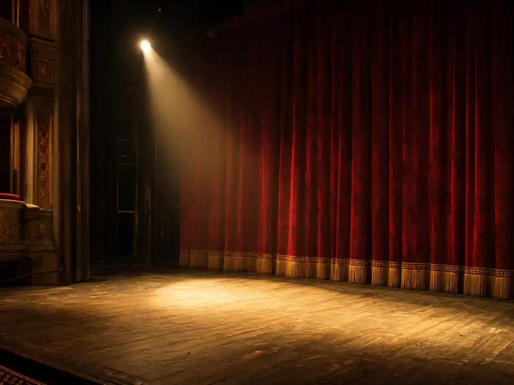Empty West End theatre stage evoking Daniel Day-Lewis British theatre roots before film stardom