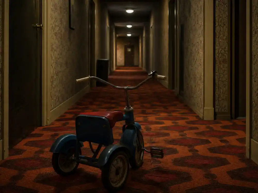 Vintage tricycle on patterned hotel carpet for Danny Lloyd The Shining Danny Torrance horror film fame