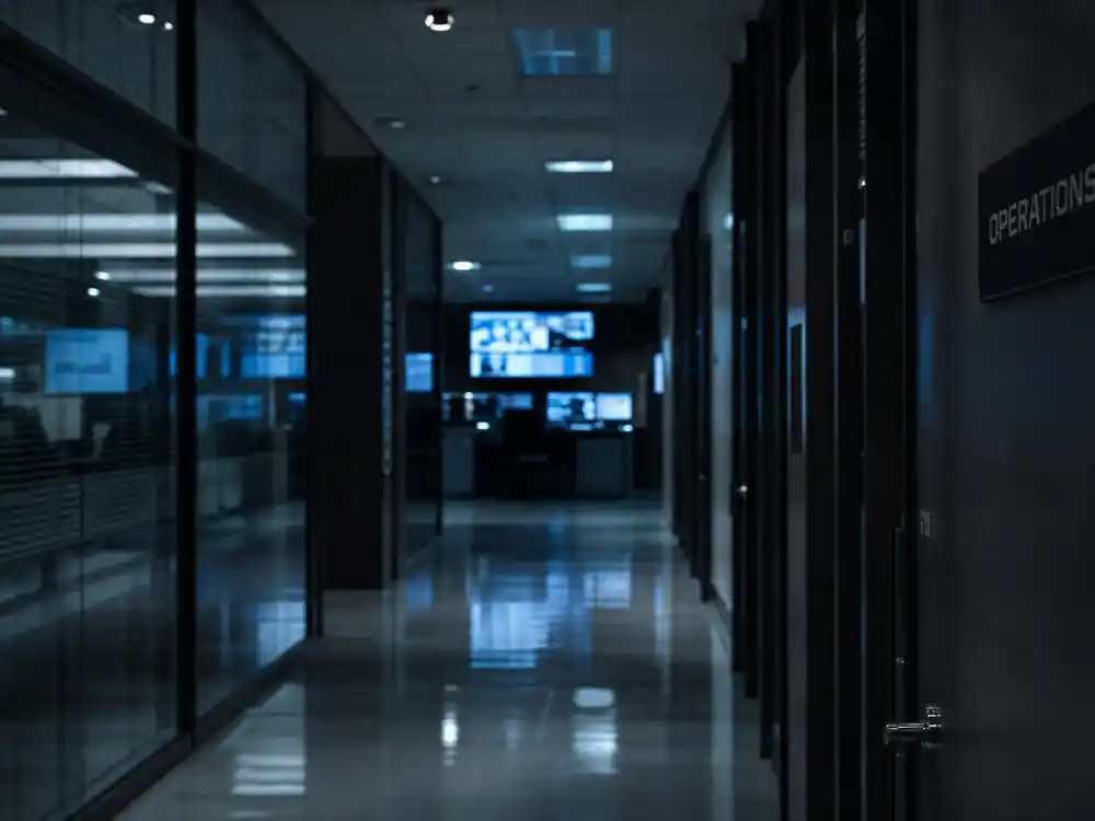 A sleek spy-thriller corridor evoking Devon Sawa as Owen Elliot on the CW action series Nikita