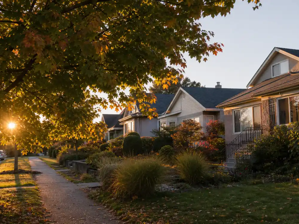 A quiet Vancouver suburban street at golden hour reflecting Devon Sawa now with wife and two children