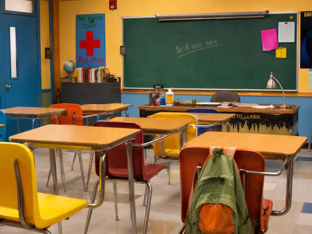 Bright Nickelodeon middle school classroom set for where is Devon Werkheiser now as Ned Bigby