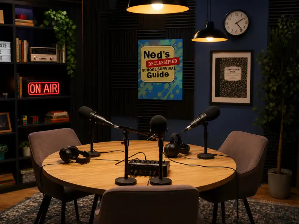 Podcast recording studio for where is Devon Werkheiser now as Ned's Declassified Podcast Survival Guide co-host