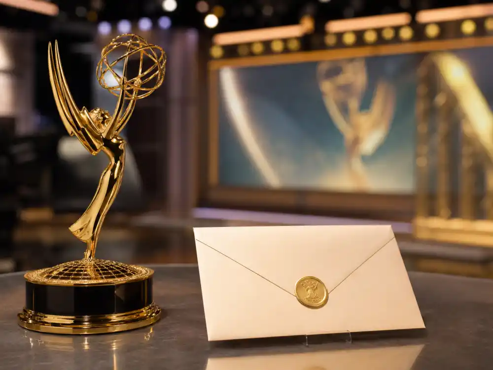 Emmy-style winged woman television award statuette with sealed envelope for do award winners get money prizes Emmy section