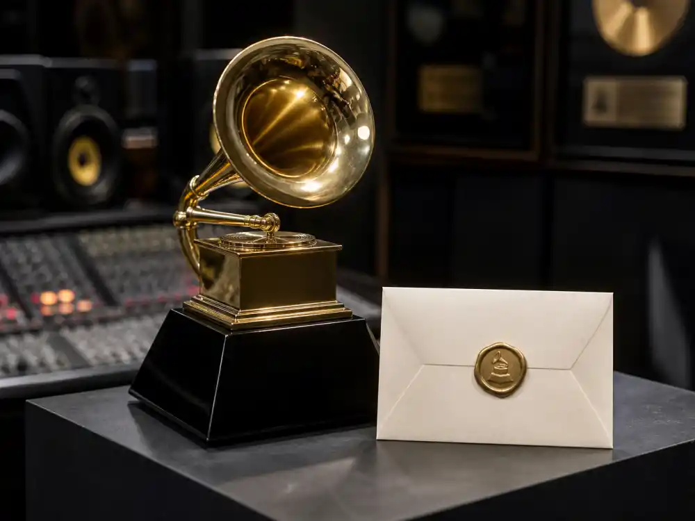 Gold gramophone Grammy-style trophy with sealed envelope for do award winners get money prizes music awards section