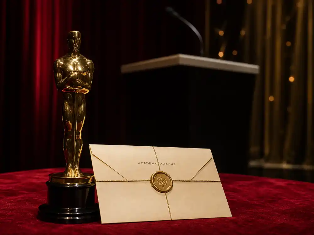 Gold Oscar-style statuette beside sealed Academy envelope on red velvet for do award winners get money prizes Oscar explainer