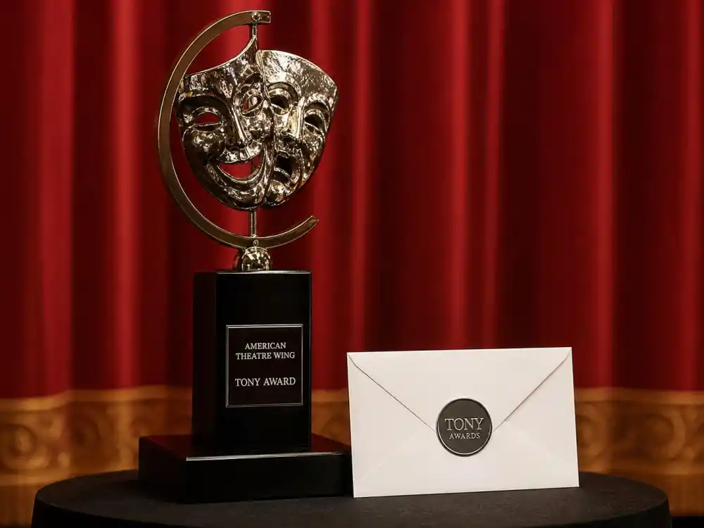 Tony-style theater mask award trophy with sealed envelope on Broadway stage for do award winners get money prizes Tony section