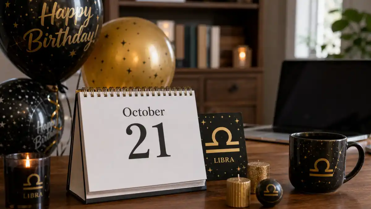 Doja Cat age and birthday 2026 — desk calendar open to October 21 with Libra zodiac decorations marking her verified birth date