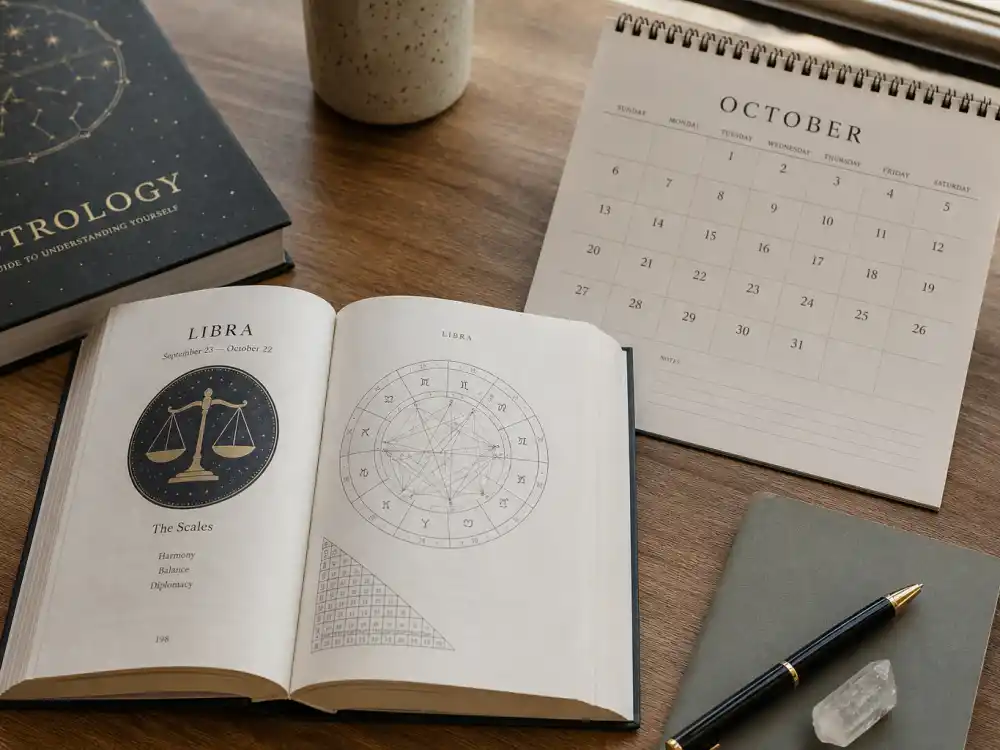 Libra zodiac chart beside October calendar for Doja Cat age and birthday 2026 — October 21 birth date places her under Libra in Western astrology
