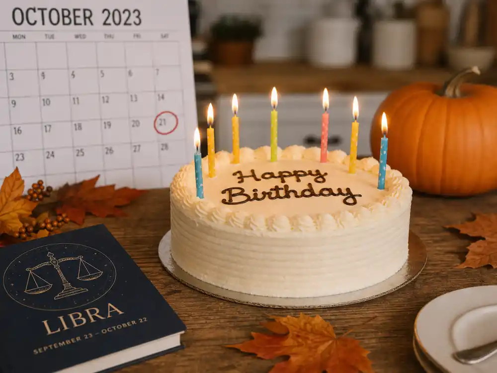 October 21 birthday cake and calendar marking Doja Cat age and birthday 2026 each year when fans celebrate her Libra birth date