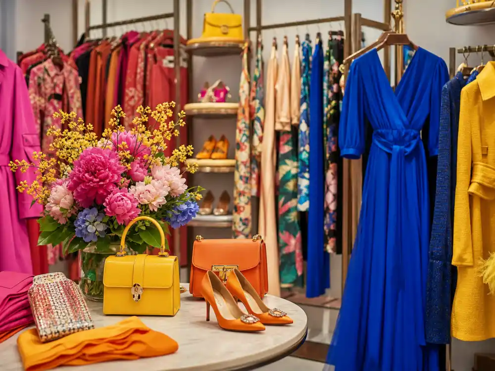 Colorful boutique racks with dopamine dressing celebrity outfits hot pink coats cobalt dresses sunny yellow bags and orange heels on display