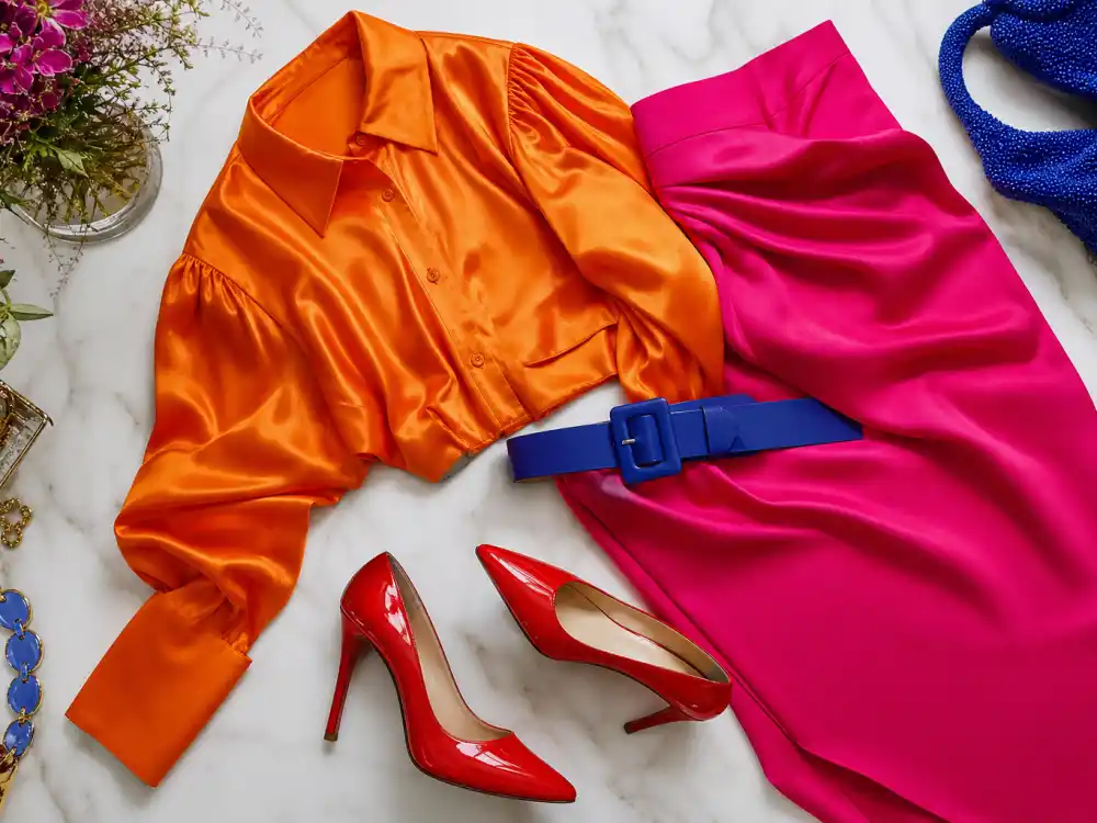 Dopamine dressing celebrity outfits flat lay with orange satin blouse fuchsia midi skirt cobalt belt and cherry red heels on marble
