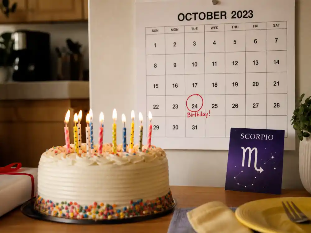 October 24 birthday cake and calendar marking Drake age and birthday 2026 each year when fans celebrate his Scorpio birth date