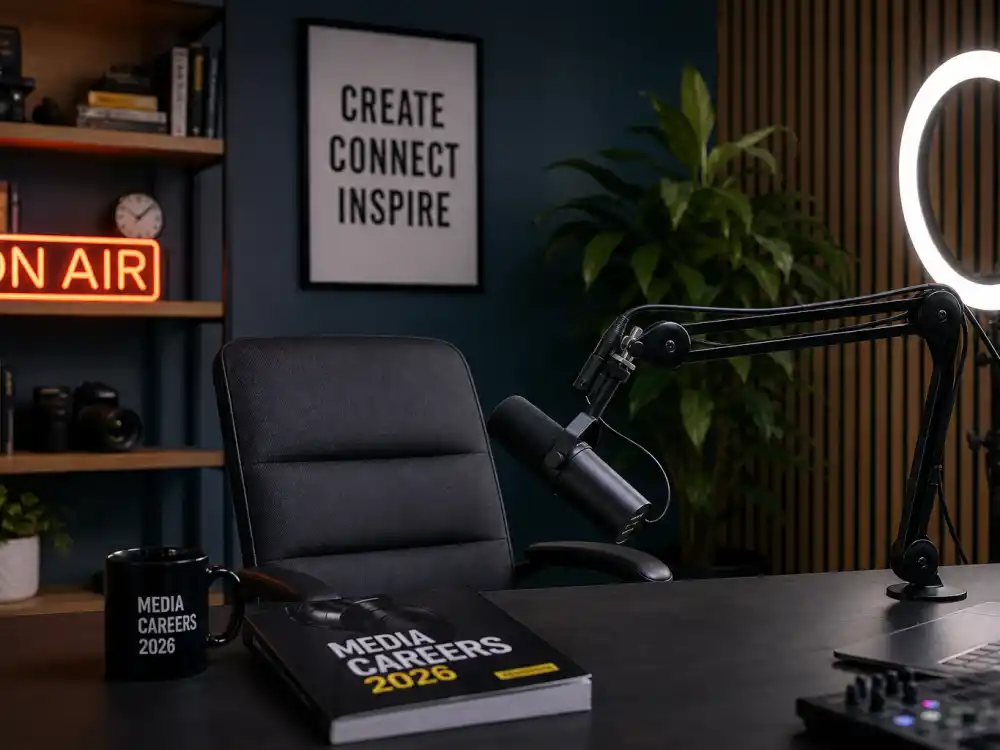 Modern podcast studio representing where the Drake and Josh cast where are they now alumni work in 2026 media careers