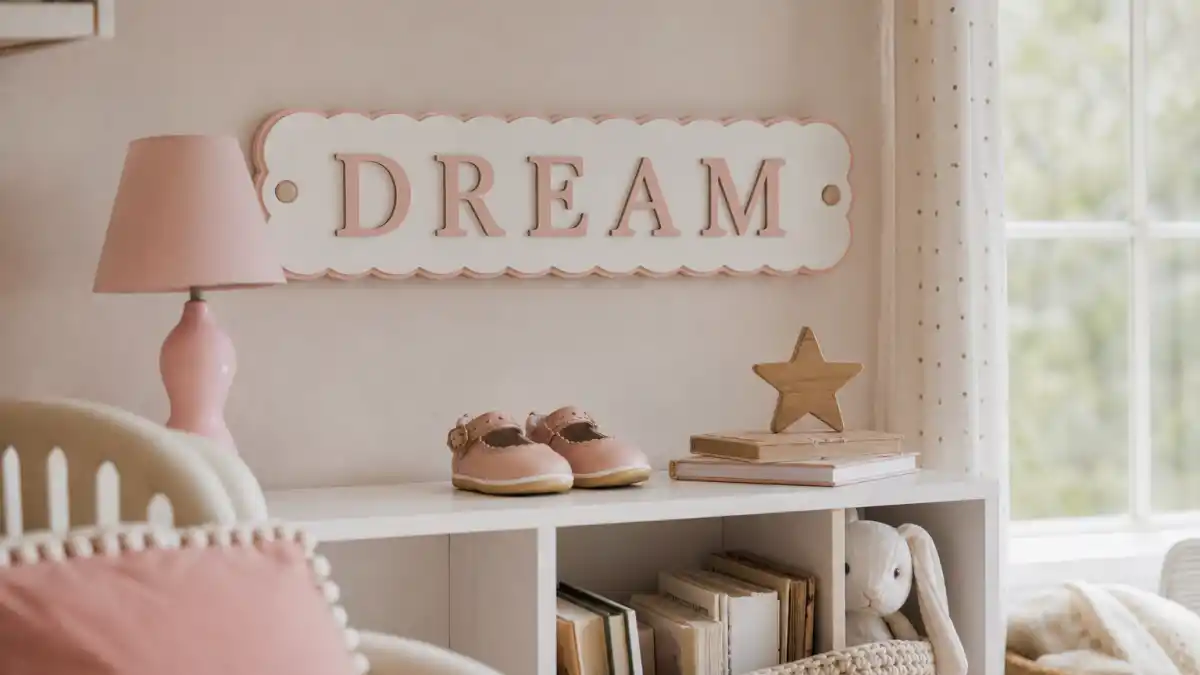 Dream Kardashian Rob Kardashian daughter guide — luxury nursery with DREAM name plaque and pink toddler shoes without faces