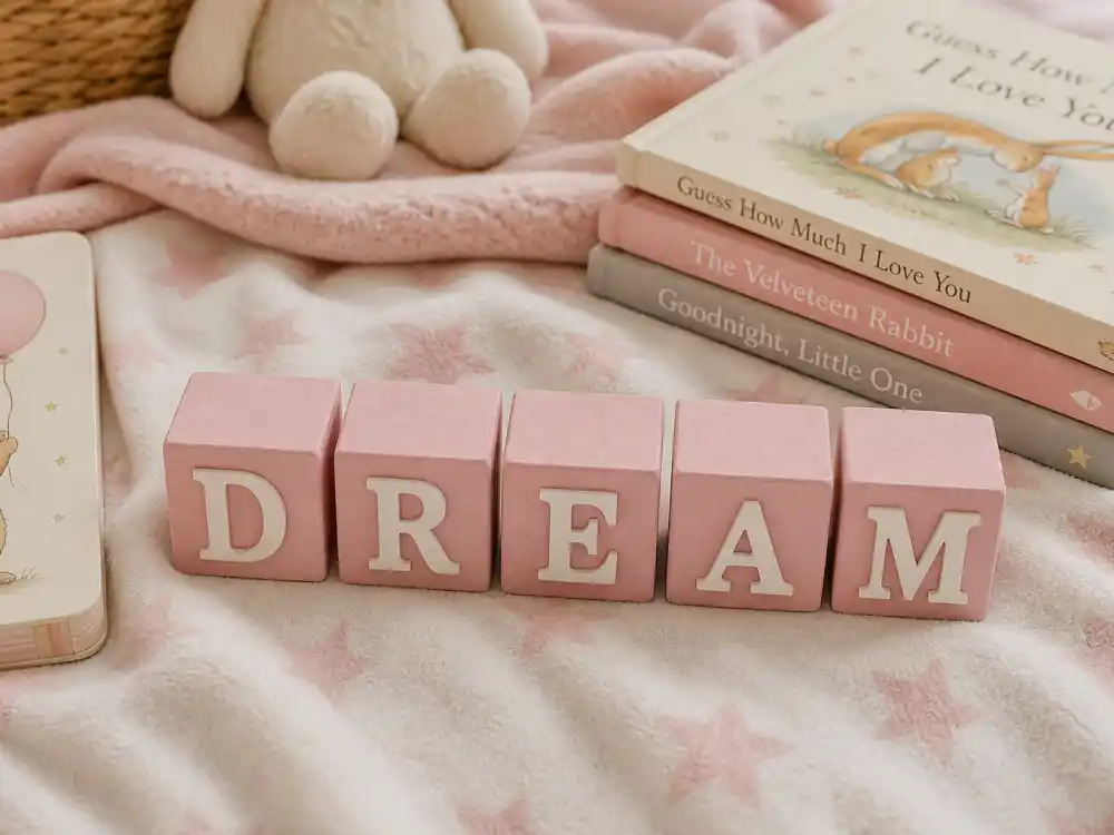 DREAM letter blocks on nursery blanket for Dream Kardashian Rob Kardashian daughter guide name meaning and Renée middle name context