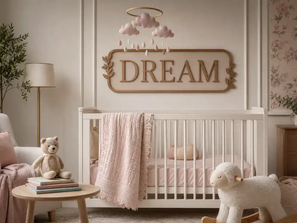 DREAM wooden name plaque above white crib for Dream Kardashian Rob Kardashian daughter guide nursery decor without faces