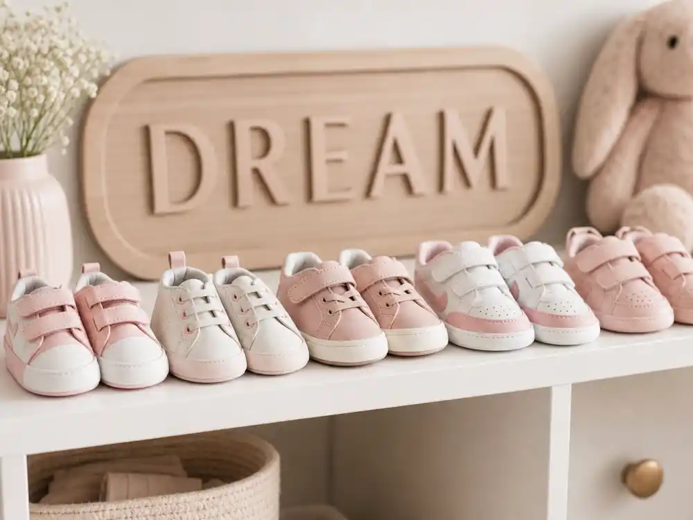 Pink toddler Mary Jane shoes on nursery shelf for Dream Kardashian Rob Kardashian daughter guide childhood style without faces