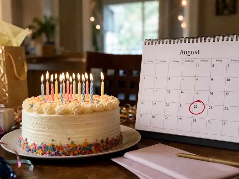 August 22 birthday cake and calendar marking Dua Lipa age and birthday 2026 each year when fans celebrate her Leo birth date