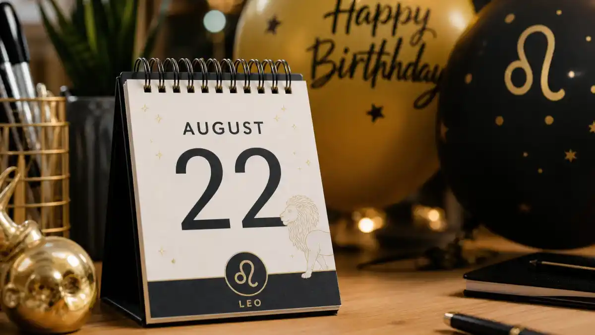 Dua Lipa age and birthday 2026 — desk calendar open to August 22 with Leo zodiac decorations marking her verified birth date
