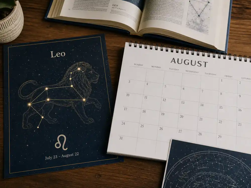 Leo zodiac chart beside August calendar for Dua Lipa age and birthday 2026 — August 22 birth date places her under Leo in Western astrology
